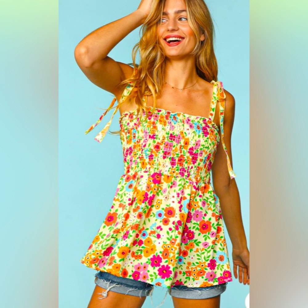 (6 PACK).   YELLOW FUCHSIA FLORAL SMOCKING TUBE SHOULDER STRAP BABYDOLL TOP